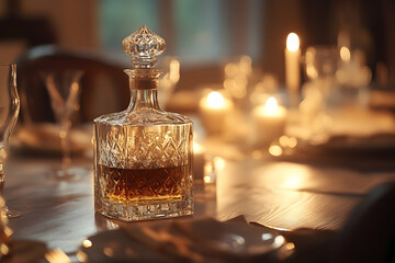 Elegant Whiskey Decanter with Glowing Candles in a Refined Setting