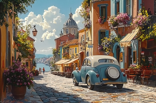 Fototapeta Charming Vintage Car Parked on a Quaint City Street Surrounded by Colorful Buildings