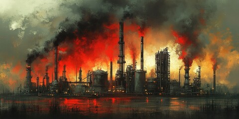 Obraz premium Industrial landscape with smokestacks, flames, and dark clouds at sunset creating a dramatic atmosphere