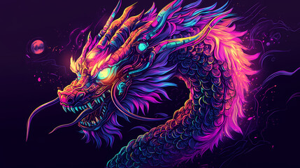 Cybernetic dragon sticker: neon scales & cyberpunk style. Cybernetic Mythological Dragon. Illustration