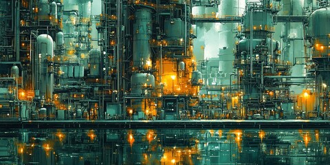 Industrial complex reflects in calm water under twilight with glowing lights and intricate piping systems