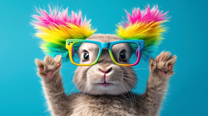 Adorable Rabbit with Colorful Glasses and Fluffy Ears Against Blue Background