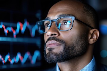 Top executive evaluates stock market trends in modern financial office with advanced technology