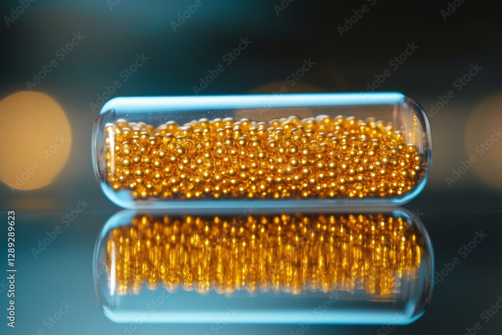 Poster a transparent capsule filled with tiny golden beads rests on a reflective surface, capturing the lig