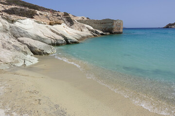 White sandy paradise beach of Prassa with turquoise crystal clear sea voted one of the best in Greece, Kimolos island, Cyclades