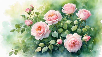 Elegant watercolor composition: floral background with pink petals and green leaves, imbued with romance and elegance