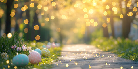 Magical Easter Egg Hunt Path in Blooming Spring Garden