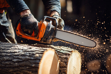 Woodcutter Using Chainsaw to Cut Tree at Sawmill – Lumberjack and Timber Industry Concept"