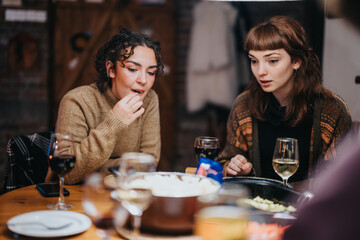 A group of friends sharing a warm indoor dinner, enjoying wine and good conversations, showcasing friendship and relaxation in a cozy environment.
