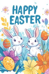 Cute Easter Illustration with Bunnies, Eggs, and Spring Flowers