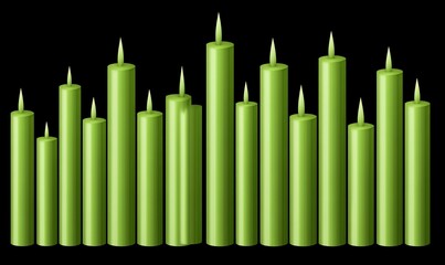 Obraz premium Row of lit green candles on a black background.