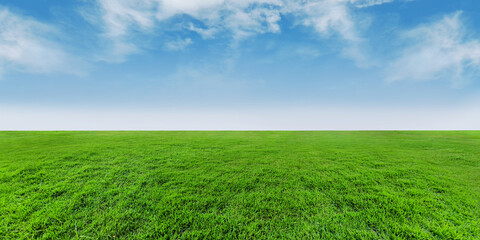 Obraz premium Green grassland landscape, clouds on blue sky panoramic background, outdoor atmosphere, refreshing and relaxing feeling.