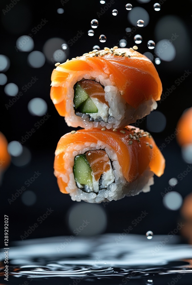 Poster Captivating Floating Sushi Rolls with Salmon and Cucumber Against a Dark Background and Sprinkling Water Droplets for a Refreshing Visual Appeal