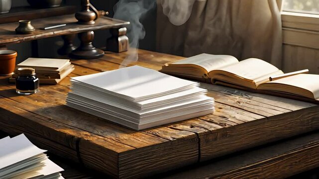 Vintage wooden desk with stacked books, reading glasses, and a cup of coffee in warm natural lighting
