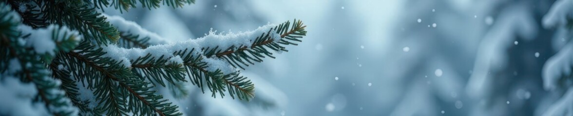 Delicate snowflakes gently falling from icy evergreen tree branches in a serene winter landscape, winter, evergreen, icy