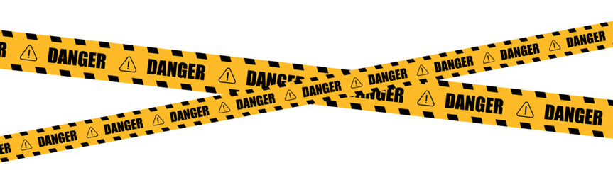 Yellow and black danger warning tape set: includes skull symbols for industrial safety, hazard areas, roads, and construction sites. Vector illustration on a transparent background.
