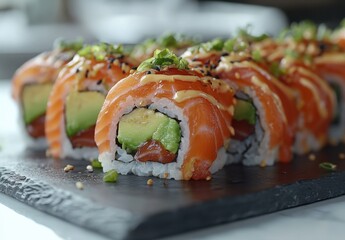 Close-Up of Sushi Rolls with Salmon, Avocado, and Drizzled Sauce on a Black Slate Platter, Perfect for Food Photography and Culinary Themes