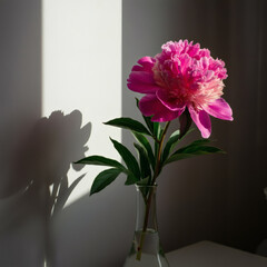 Fototapeta premium Pink peony in glass vase with green leaves natural sunlight casting dramatic shadow on white wall interior floral decor