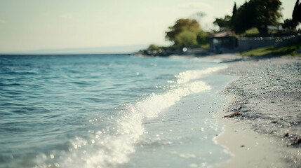 Gentle waves lapping a pebble beach, serene lakeside background, summer vacation imagery
