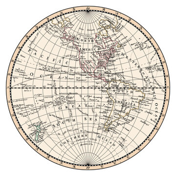 An old historical vintage map of the western hemisphere of the planet Earth with the names of continents, islands and oceans, and the routes of navigators.