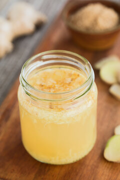 Homemade ginger bug a  fermented starter culture made of sugar, grated ginger and water, used to make homemade ginger ale and beer and other sodas (Selective Focus)