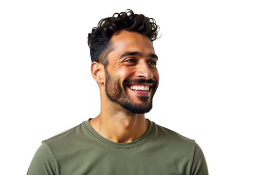 Smiling latino man portrait, looking sideways, isolated on white. Cheerful, authentic, photorealistic. Soft light. For business, lifestyle, advertising. Isolated on transparent background.