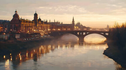 Fototapeta premium Dawn Cityscape River Bridge, Buildings, Foggy Sunrise, Travel Brochure