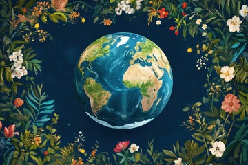 Planet Earth with flowers around the planet, blue background. Environmental theme.