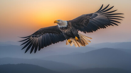 Obraz premium Majestic bald eagle soaring above misty mountains at sunset, freedom concept