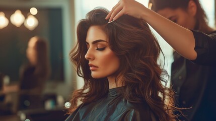 Naklejka premium professional hairdresser styling a client's hair, focusing intently in a bright salon environment, no dark, no shadows