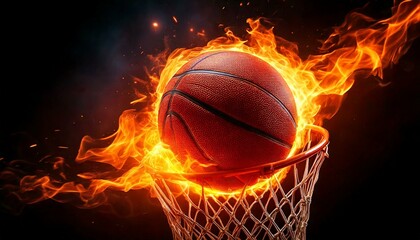 Basketball ball in fire. Basketball ball with flame flying into basketball ring. Basketball background. Burning basketball ball.