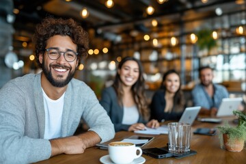 Diverse business professionals collaborate in stylish cafe during brainstorming session over artisanal coffee