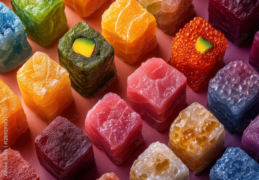 Poster colorful and textured candy cubes in assorted flavors displayed in an artistic arrangement on a soft
