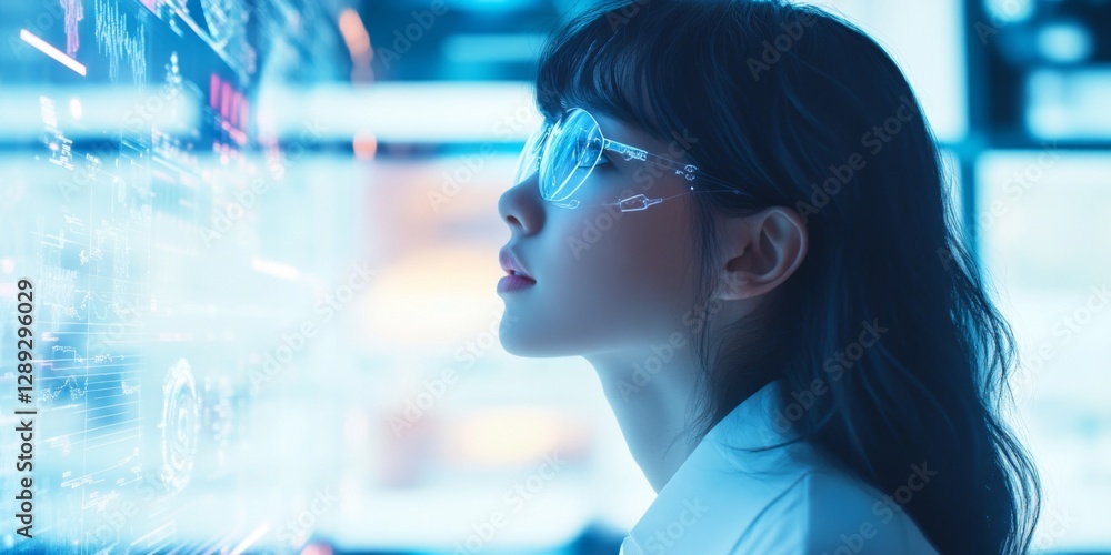 Poster a young woman with glasses gazes thoughtfully at a digital display filled with data and codes. this 