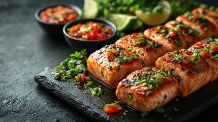 Grilled salmon, salsa, lime, cilantro, dark background, food photography, recipe