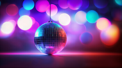 Disco ball on purple background with bokeh lights