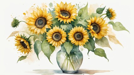 Vintage vase with a bouquet of sunflowers: golden yellow hues and rich green stems in warm tones and transparent transitions