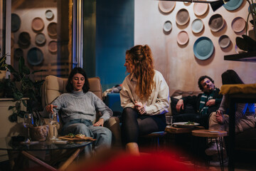 A group of friends is having a casual conversation and sharing food in a cozy, modern lounge environment adorned with decorative elements.