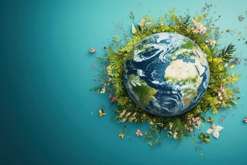 Fototapeta premium Planet Earth with flowers around the planet, blue background. Environmental theme.