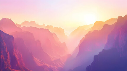 Majestic Sunset Canyon Landscape  Pink, purple, and orange hues paint a serene mountain valley at sunrise; ideal for travel, nature, and serenity themes