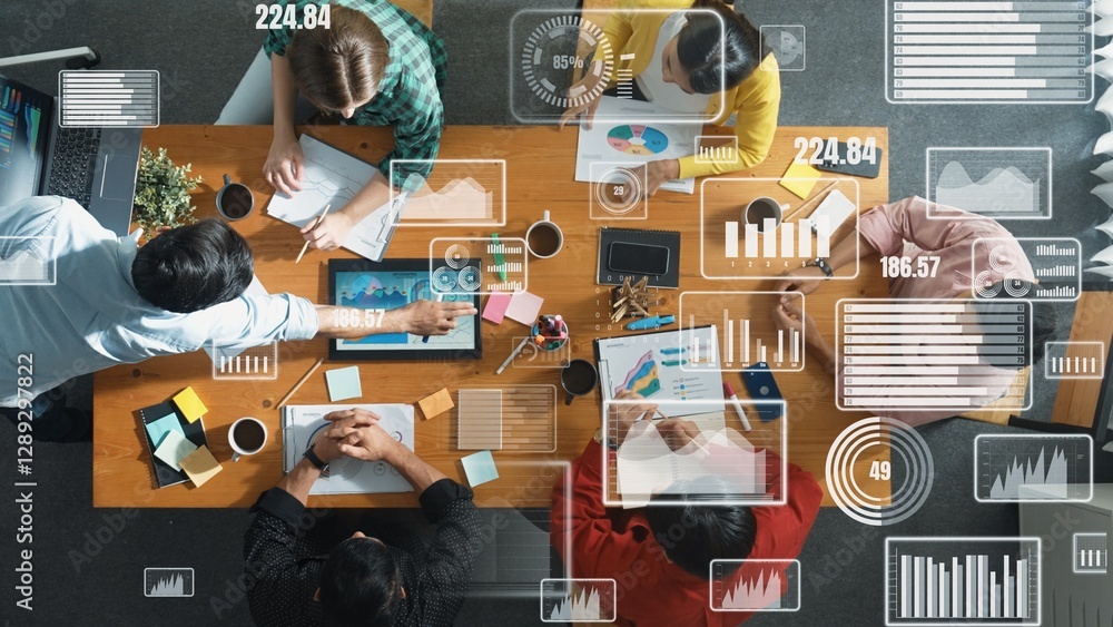 Poster top view of business people working and analyzing investment data with financial chart and stock mar