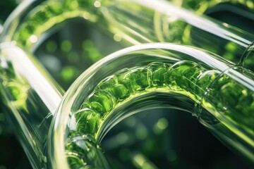 Curved glass tubes filled with vibrant green elements showcase n