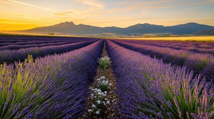 Fototapeta premium Serene lavender fields stretch under vibrant sunset, creating tr