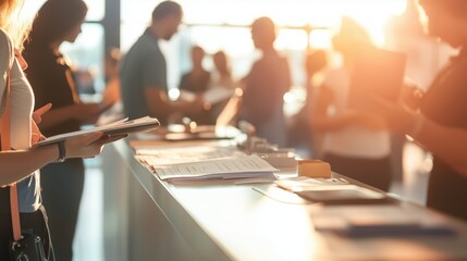 Busy registration desk at a business event with attendees checking in and collecting materials during daylight hours