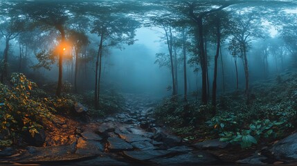 Obraz premium Panoramic View of Misty Forest Waterfall in Thailand