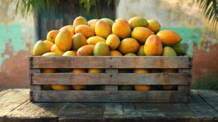 A wooden crate filled with ripe, golden mangoes sits on a rustic wooden table, with a textured backdrop of faded walls and lush greenery. The rich, tropical colors and natural textures create a warm