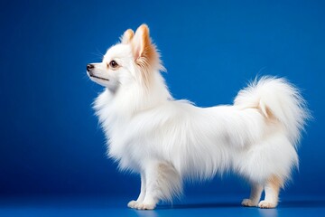 Fototapeta premium German Spitz dog on colorful background, showing cute and playful expressions.