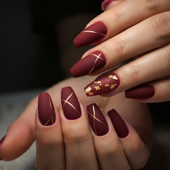 Elegant burgundy matte nails with gold foil accents luxurious manicure fashion beauty nail art stylish hand close up aesthetics