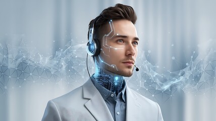Futuristic man robot with a digital headset, blending technology and human interaction, symbolizing innovation in communication, ai robot call center concept