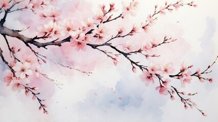 Ephemeral spring: cherry blossoms fall softly, pale pink petals scattered beneath flowering branches in transparent transitions